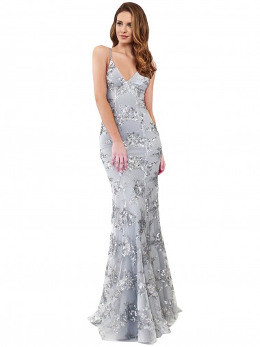 Meilleures Argent Sirène Col V Crêpe Stretch Paillette Tulle Longue Formelles Robes demoiselle d'honneur / Robes de soirée / Robes de bal