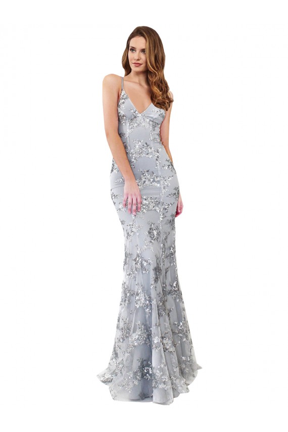Meilleures Argent Sirène Col V Crêpe Stretch Paillette Tulle Longue Formelles Robes demoiselle d'honneur / Robes de soirée / Robes de bal