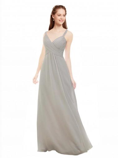 Meilleures Argent Trapèze Bretelles spaghetti Col V Mousseline Longue Robes demoiselle d'honneur
