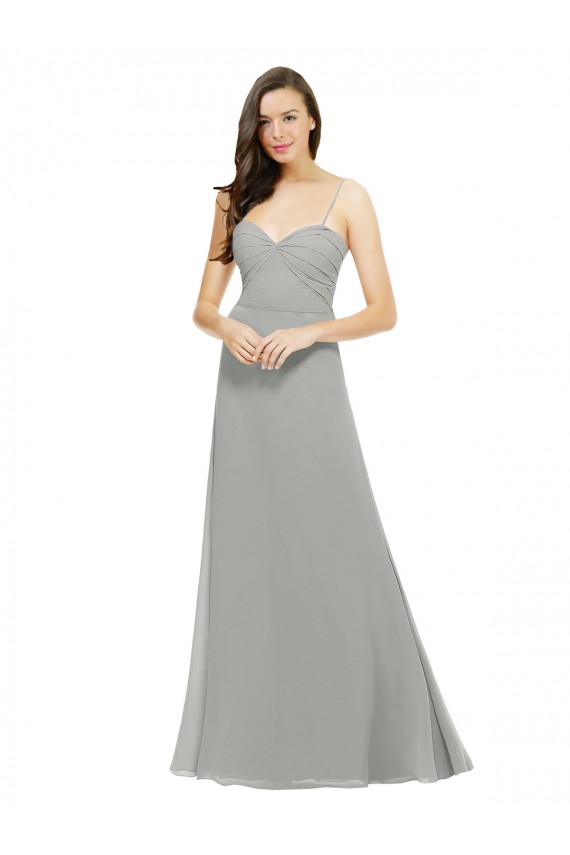 Meilleures Argent Trapèze Bretelles spaghetti Mousseline Longue Robes demoiselle d'honneur
