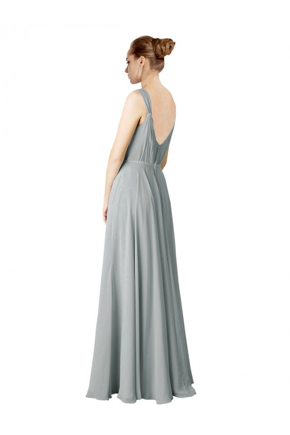 Meilleures Argent Trapèze Col V Mousseline Longue Robes demoiselle d'honneur
