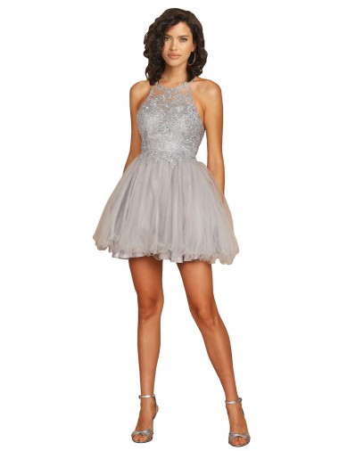 Meilleures Argent Trapèze Licou Courte Tulle Courte Robes demoiselle d'honneur / Robes de cocktail