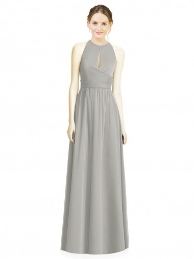 Meilleures Argent Trapèze Licou Mousseline Longue Robes demoiselle d'honneur