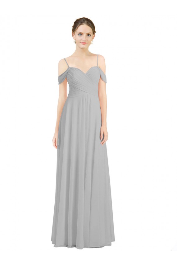 Meilleures Argent Trapèze Épaule Dénudée Bretelles spaghetti Mousseline Longue Robes demoiselle d'honneur