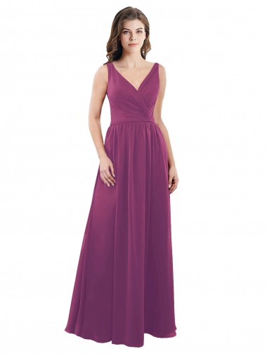 Meilleures Baie sauvage Trapèze Col V Mousseline Longue Robes demoiselle d'honneur