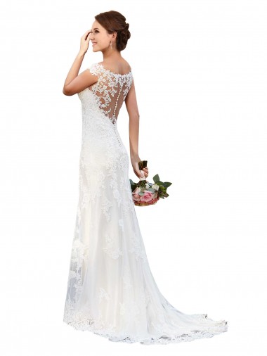 Meilleures Blanc Fourreau Bateau Illusion Dentelle Robes de mariée
