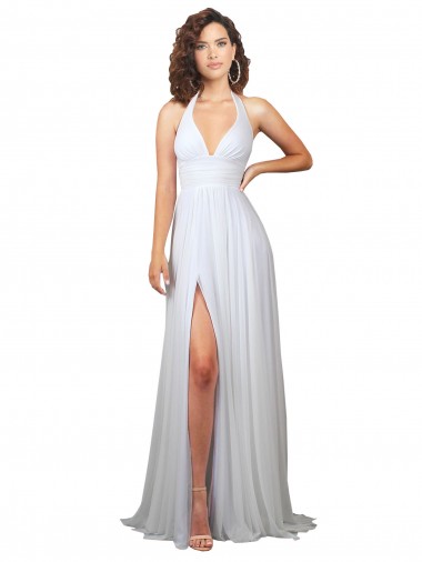 Meilleures Blanc Trapèze Col V Balayage train Mousseline Longue Robes demoiselle d'honneur