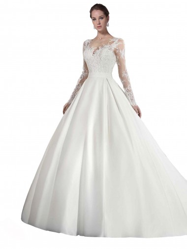 Meilleures Blanc Trapèze Illusion Traîne cathédrale Satiné Dentelle Robes de mariée