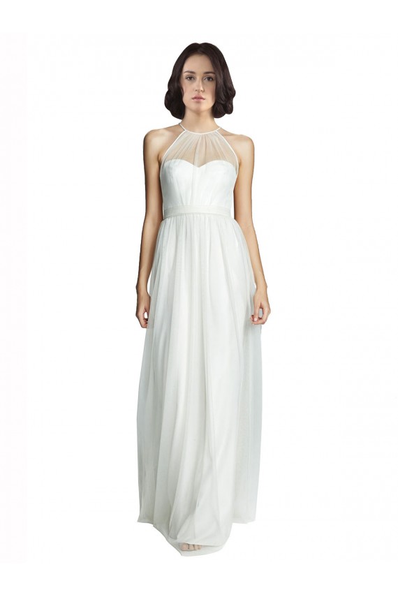 Meilleures Blanc Trapèze Licou Col Haut Tulle Longue Robes demoiselle d'honneur