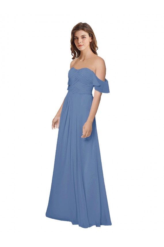 Meilleures Bleu Windsor Trapèze Épaule Dénudée Sans bretelle Mousseline Longue Robes demoiselle d'honneur