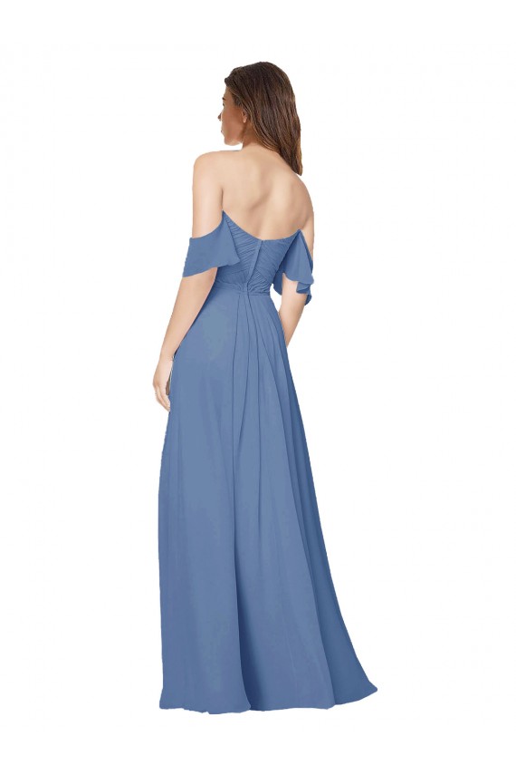 Meilleures Bleu Windsor Trapèze Épaule Dénudée Sans bretelle Mousseline Longue Robes demoiselle d'honneur