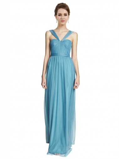 Meilleures Bleu ciel Trapèze Bretelles spaghetti Col V Tulle Longue Robes demoiselle d'honneur