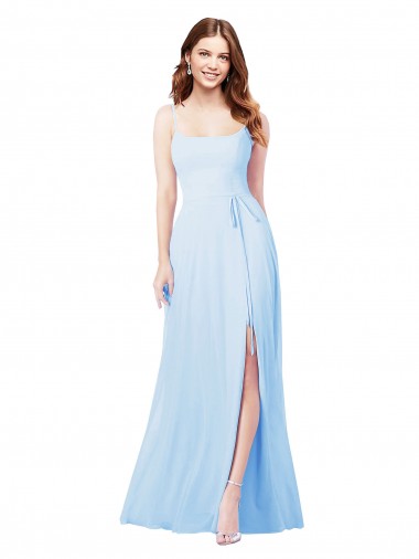 Meilleures Bleu ciel clair Fourreau Bretelles spaghetti Col Carré Mousseline Longue Robes demoiselle d'honneur