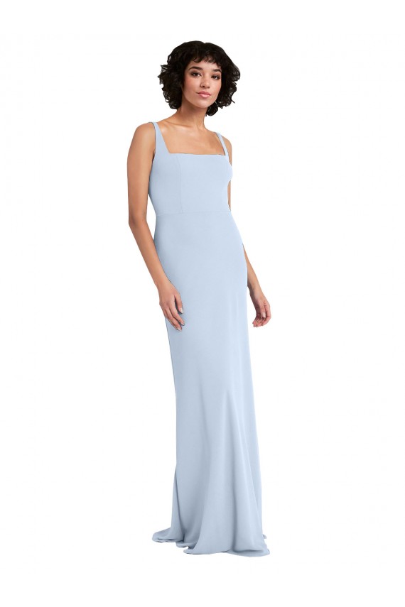 Meilleures Bleu ciel clair Fourreau Col Carré Crêpe Stretch Longue Robes demoiselle d'honneur / Robes de bal