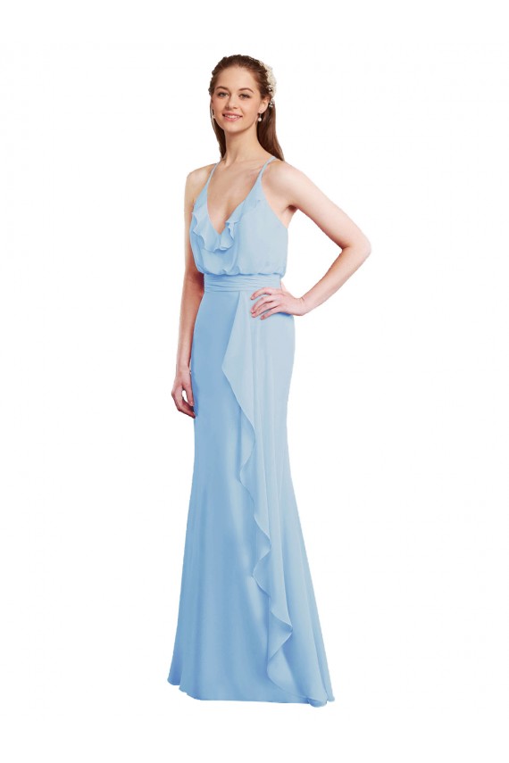 Meilleures Bleu ciel clair Sirène Bretelles spaghetti Col V Mousseline Longue Robes demoiselle d'honneur
