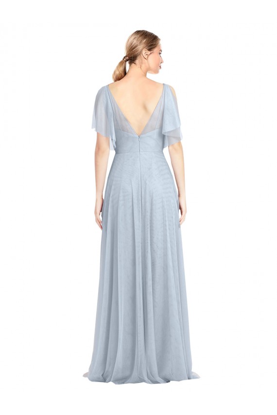 Meilleures Bleu ciel clair Trapèze Bretelles spaghetti Col V Tulle Longue Robes demoiselle d'honneur