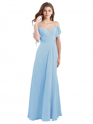 Meilleures Bleu ciel clair Trapèze Bretelles spaghetti Mousseline Longue Robes demoiselle d'honneur