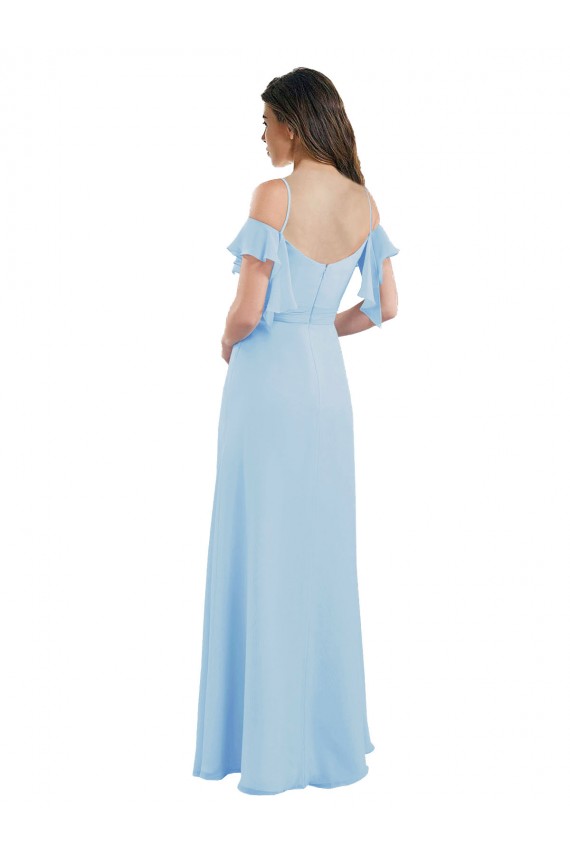 Meilleures Bleu ciel clair Trapèze Bretelles spaghetti Mousseline Longue Robes demoiselle d'honneur