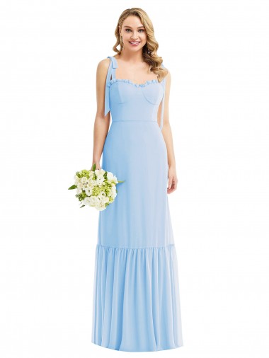 Meilleures Bleu ciel clair Trapèze Bretelles spaghetti Mousseline Longue Robes demoiselle d'honneur