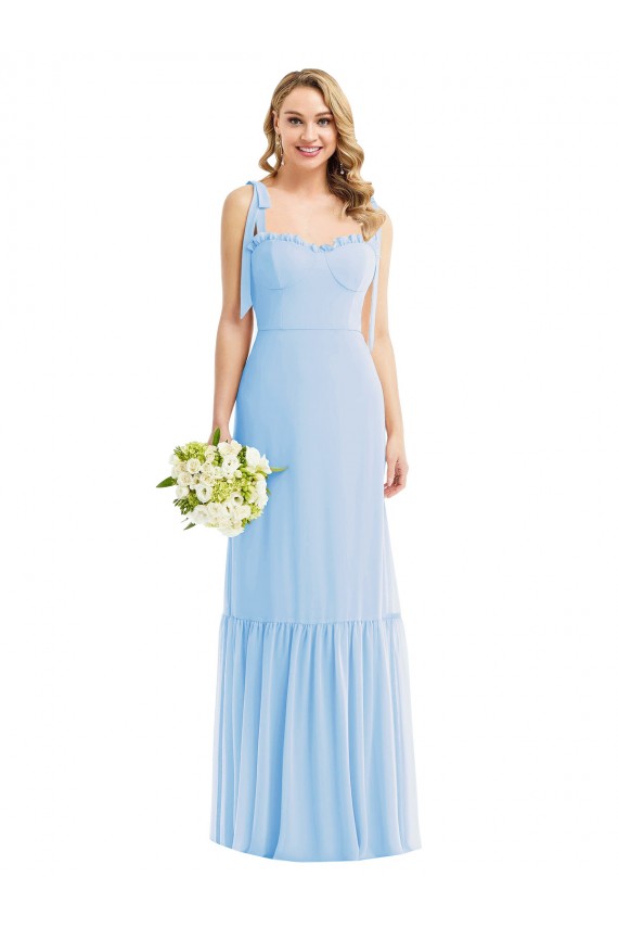 Meilleures Bleu ciel clair Trapèze Bretelles spaghetti Mousseline Longue Robes demoiselle d'honneur
