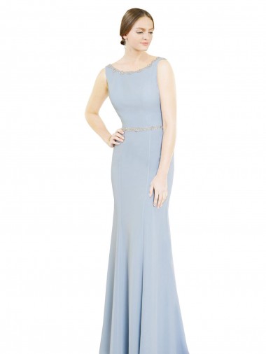 Meilleures Bleu ciel clair Trapèze Col Bateau Col Haut Mousseline Longue Robes demoiselle d'honneur