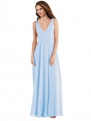 Meilleures Bleu ciel clair Trapèze Col V Mousseline Longue Robes demoiselle d'honneur