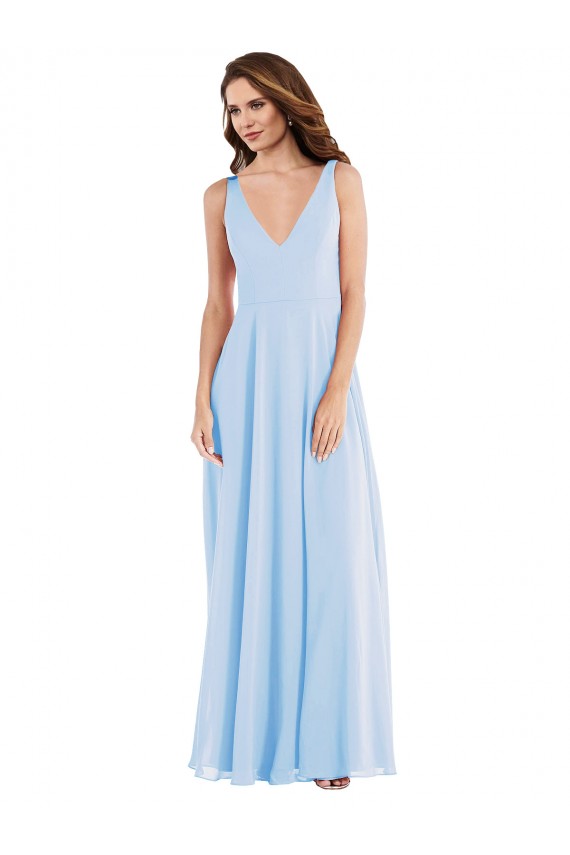 Meilleures Bleu ciel clair Trapèze Col V Mousseline Longue Robes demoiselle d'honneur