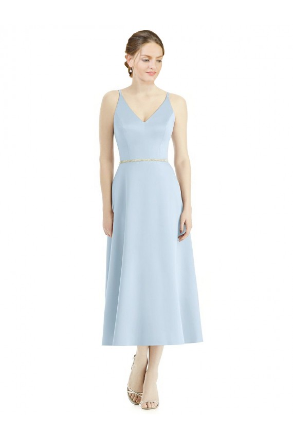 Meilleures Bleu ciel clair Trapèze Col V Satiné Longue Robes demoiselle d'honneur