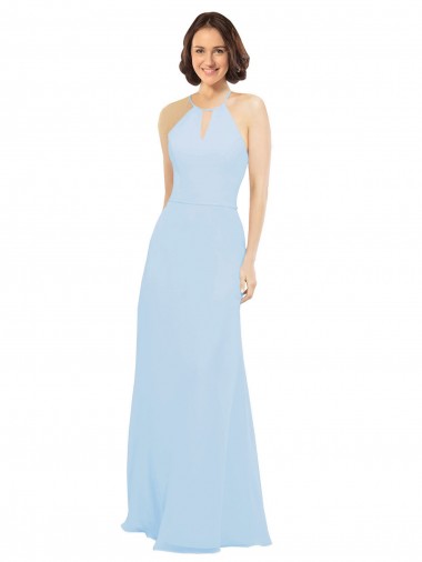 Meilleures Bleu ciel clair Trapèze Licou Mousseline Longue Robes demoiselle d'honneur