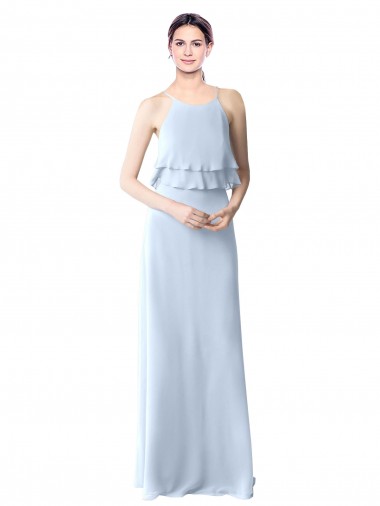 Meilleures Bleu ciel clair Trapèze Licou Mousseline Longue Robes demoiselle d'honneur