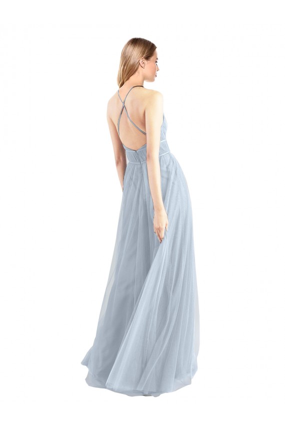 Meilleures Bleu ciel clair Trapèze Licou Tulle Longue Robes demoiselle d'honneur