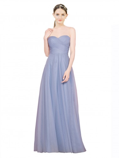 Meilleures Bleu ciel clair Trapèze Sans bretelle Tulle Longue Robes demoiselle d'honneur