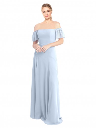 Meilleures Bleu ciel clair Trapèze Épaule Dénudée Col Carré Mousseline Longue Robes demoiselle d'honneur