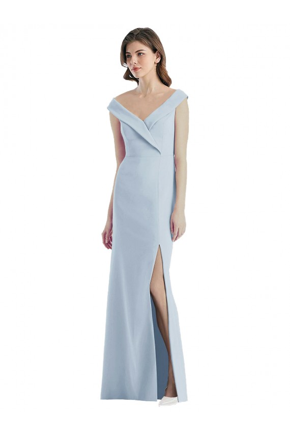 Meilleures Bleu ciel clair Trapèze Épaule Dénudée Col V Crêpe Stretch Longue Robes demoiselle d'honneur