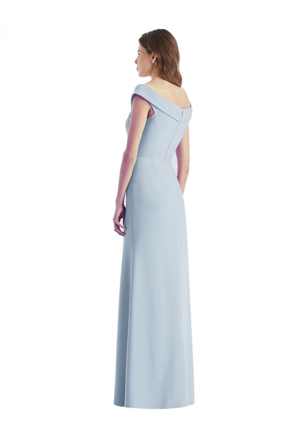Meilleures Bleu ciel clair Trapèze Épaule Dénudée Col V Crêpe Stretch Longue Robes demoiselle d'honneur