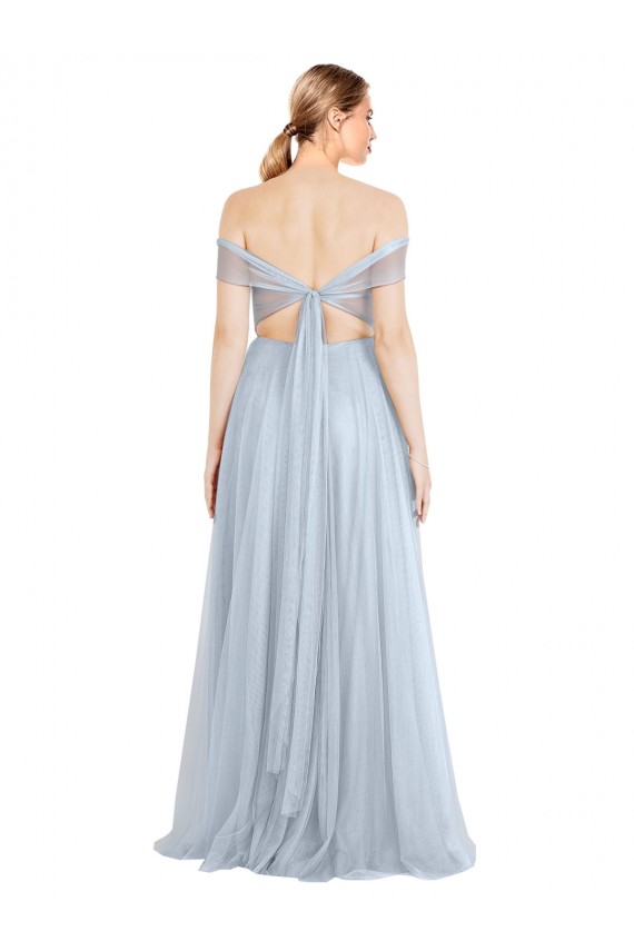 Meilleures Bleu ciel clair Trapèze Épaule Dénudée Tulle Longue Robes demoiselle d'honneur
