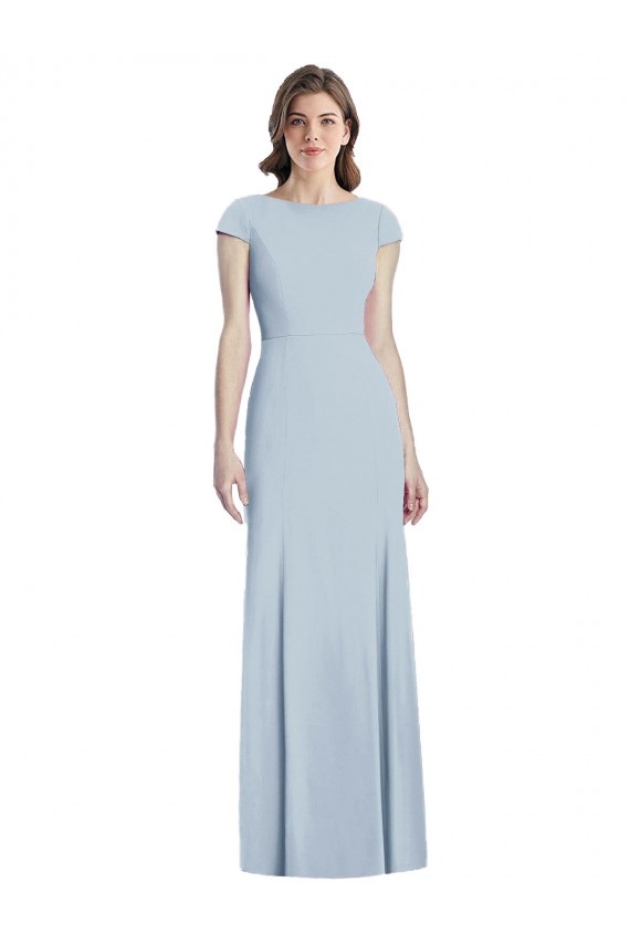 Meilleures Bleu ciel clair Trompette Bateau Crêpe Stretch Longue Robes demoiselle d'honneur / Robes de bal