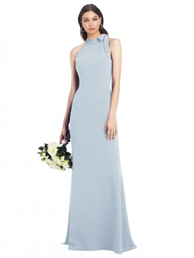 Meilleures Bleu ciel clair Trompette Col Bateau Col Haut Licou Crêpe Stretch Longue Robes demoiselle d'honneur / Robes de bal