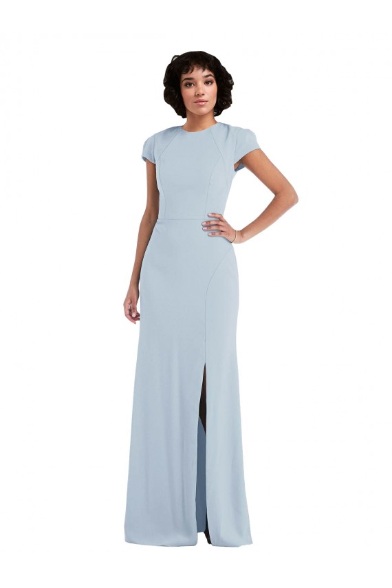 Meilleures Bleu ciel clair Trompette Col bijou Crêpe Stretch Longue Robes demoiselle d'honneur