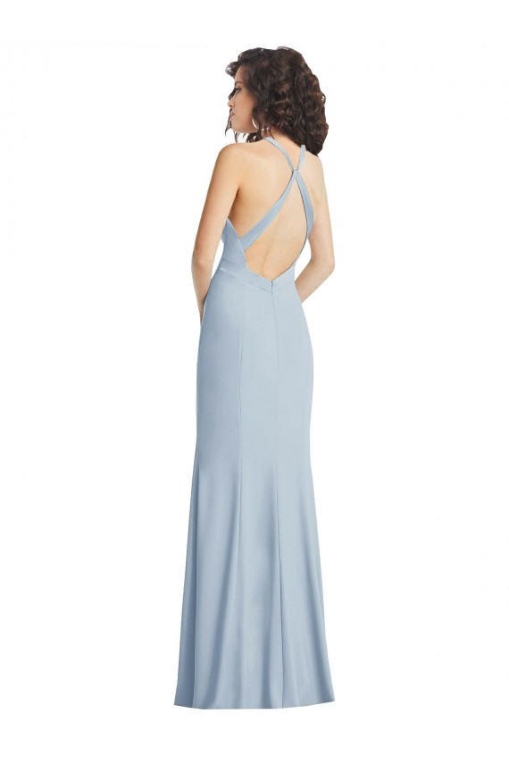 Meilleures Bleu ciel clair Trompette Licou Col Haut Crêpe Stretch Longue Formelles Robes demoiselle d'honneur / Robes de soirée / Robes de bal