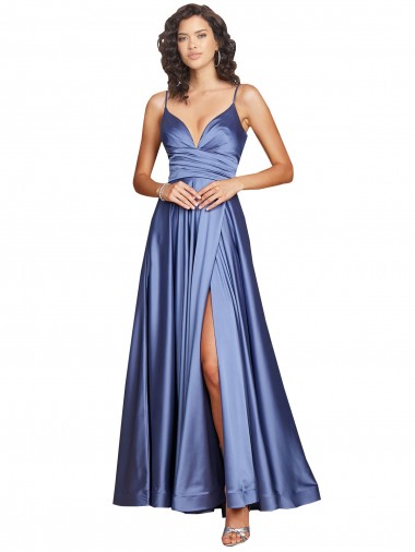 Meilleures Bleu français Trapèze Bretelles spaghetti Satiné Soyeux Longue Formelles Robes demoiselle d'honneur / Robes de soirée / Robes de bal