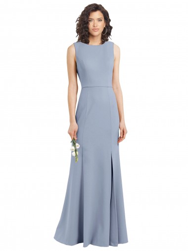 Meilleures Bleu fumée Fourreau Col Bateau Col Haut Crêpe Stretch Longue Robes demoiselle d'honneur