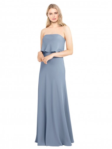 Meilleures Bleu fumée Fourreau Col Haut Crêpe Stretch Longue Formelles Robes demoiselle d'honneur / Robes de soirée / Robes de bal