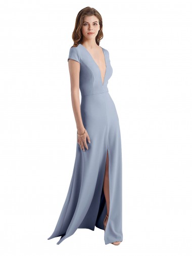 Meilleures Bleu fumée Fourreau Col V Crêpe Stretch Longue Robes demoiselle d'honneur / Robes de bal