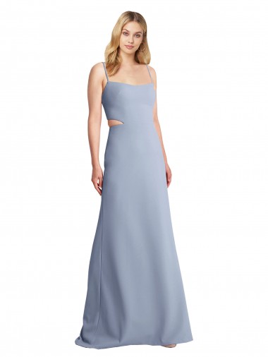 Meilleures Bleu fumée Trapèze Bretelles spaghetti Scoop Crêpe Stretch Longue Robes demoiselle d'honneur / Robes de bal