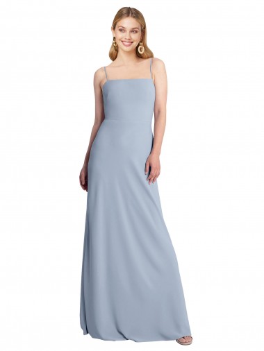 Meilleures Bleu fumée Trapèze Col Carré Crêpe Stretch Longue Robes demoiselle d'honneur / Robes de bal
