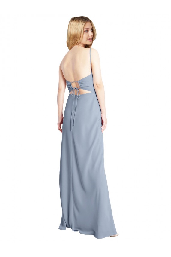 Meilleures Bleu fumée Trapèze Col Carré Crêpe Stretch Longue Robes demoiselle d'honneur / Robes de bal