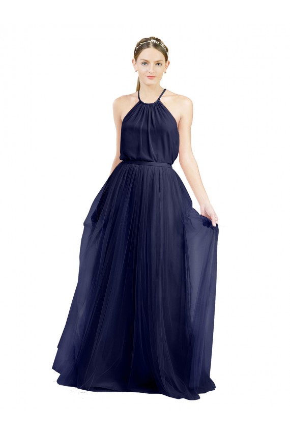 Meilleures Bleu marine 21 Trapèze Licou Col Haut Tulle Longue Robes demoiselle d'honneur