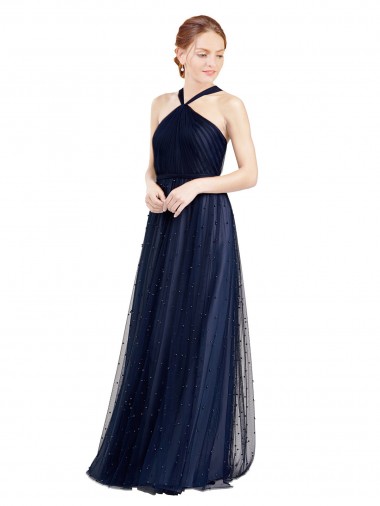 Meilleures Bleu marine 21 Trapèze Licou Tulle Longue Robes demoiselle d'honneur