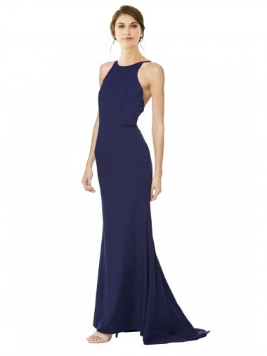 Meilleures Bleu marine Sirène Licou Col Haut Crêpe Stretch Longue Formelles Robes demoiselle d'honneur / Robes de soirée / Robes de bal